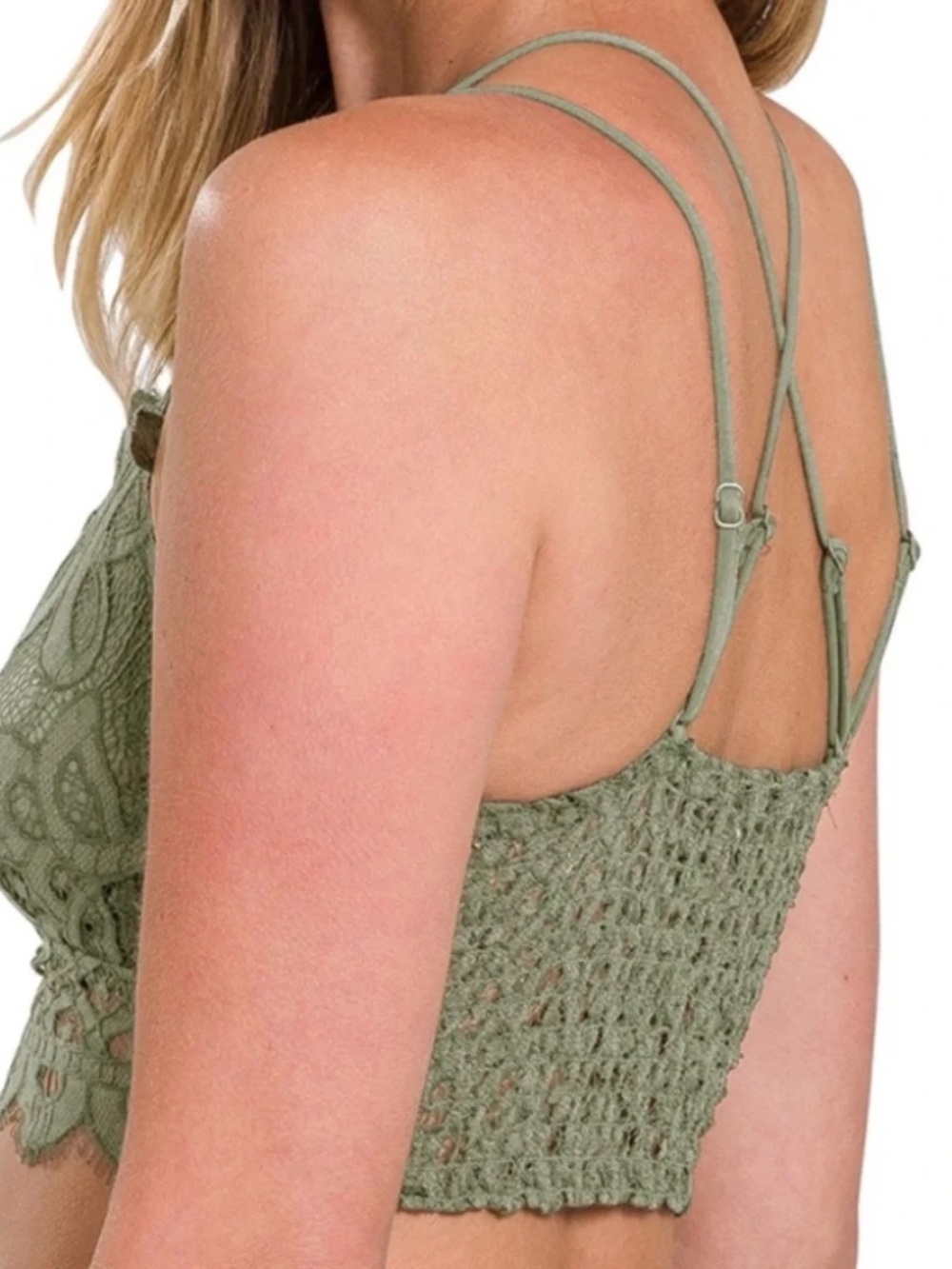 New Zenana Crochet Lace Bralette With Bra Pads Floral Pull On Olive Crop - Picture 6 of 6